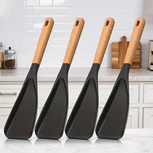 4-Piece Silicone Cooking Spoon Set, Non-Stick Pan Friendly, 12-Inch Wooden Handle, Ideal for Stirring, Serving, Scraping, Easy to Clean