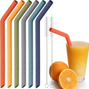 6PCS Extra Wide Reusable Bent Silicone Straws for Boba, Smoothies, Bubble Tea, Eco-Friendly Bent Straws for Thick Drinks, Child-Safe, Customizable Length, 2 Brushes Easy Cleaning (Deep Rainbow) Utensils Black, White & Gray