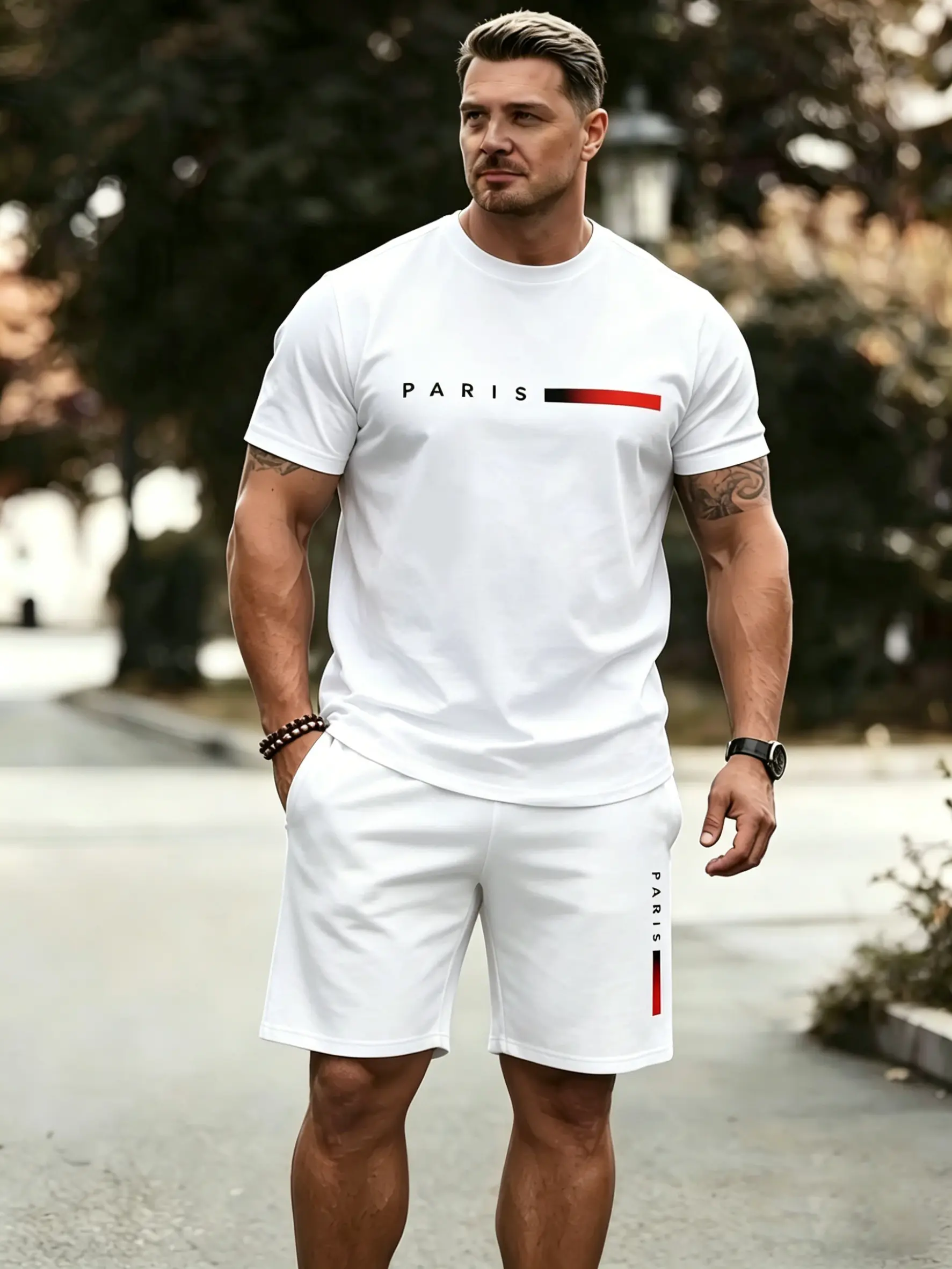 Summer men's fashionable breathable lightweight short sleeved T-shirt and shorts set, a regular outdoor clothing suitable for daily wear in summer Menswear Gamis