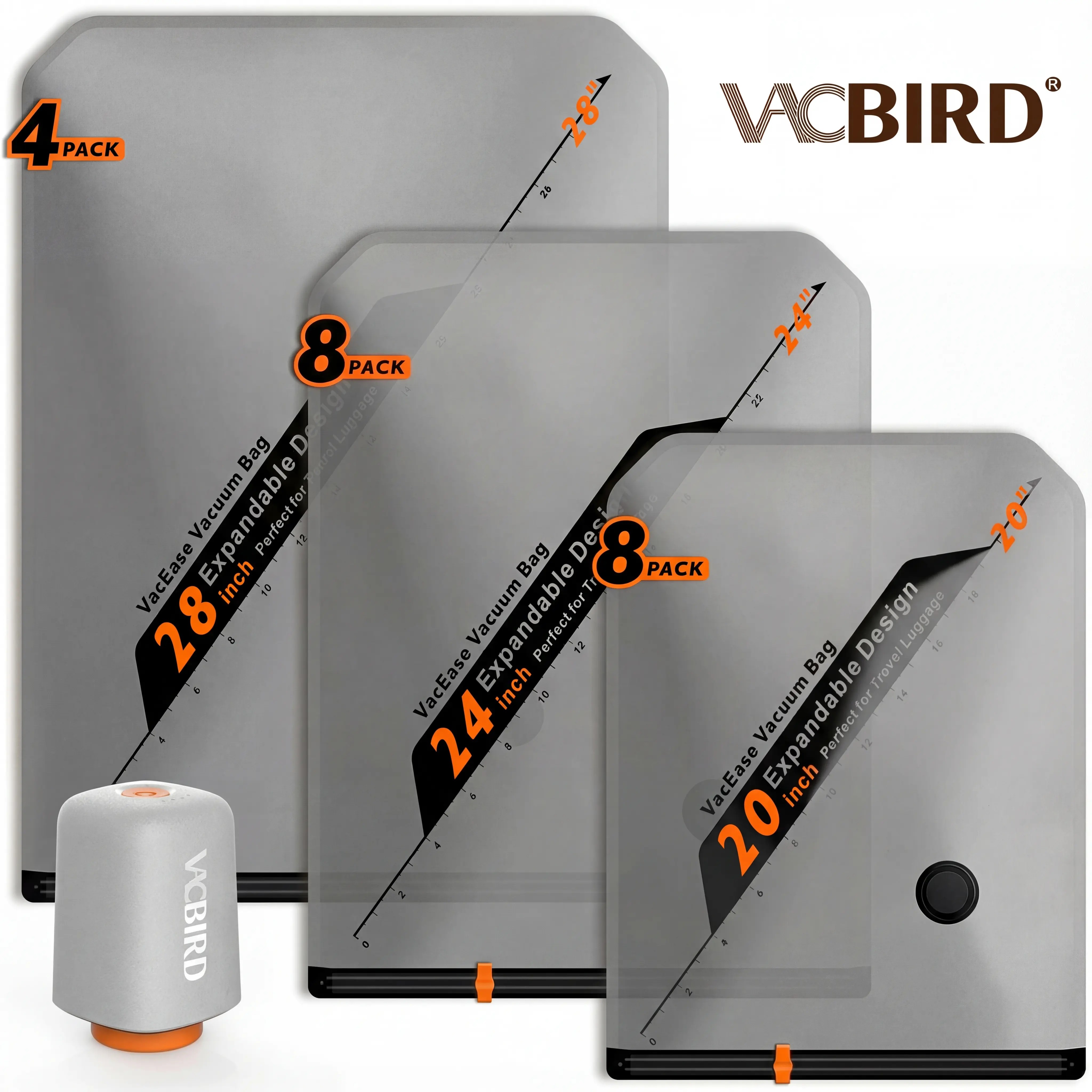 VACBIRD X8 Cordless Rechargeable Vacuum Packing Pump & Dustproof Compression Bags Set - Hands-Free, Lightweight, Portable, Transparent, Rounded-Zipper Pouch, Automatic Compression, Travel Accessories (28/24/20 in, 10/15/20 pcs) - Vacuum Bags for Travel, T