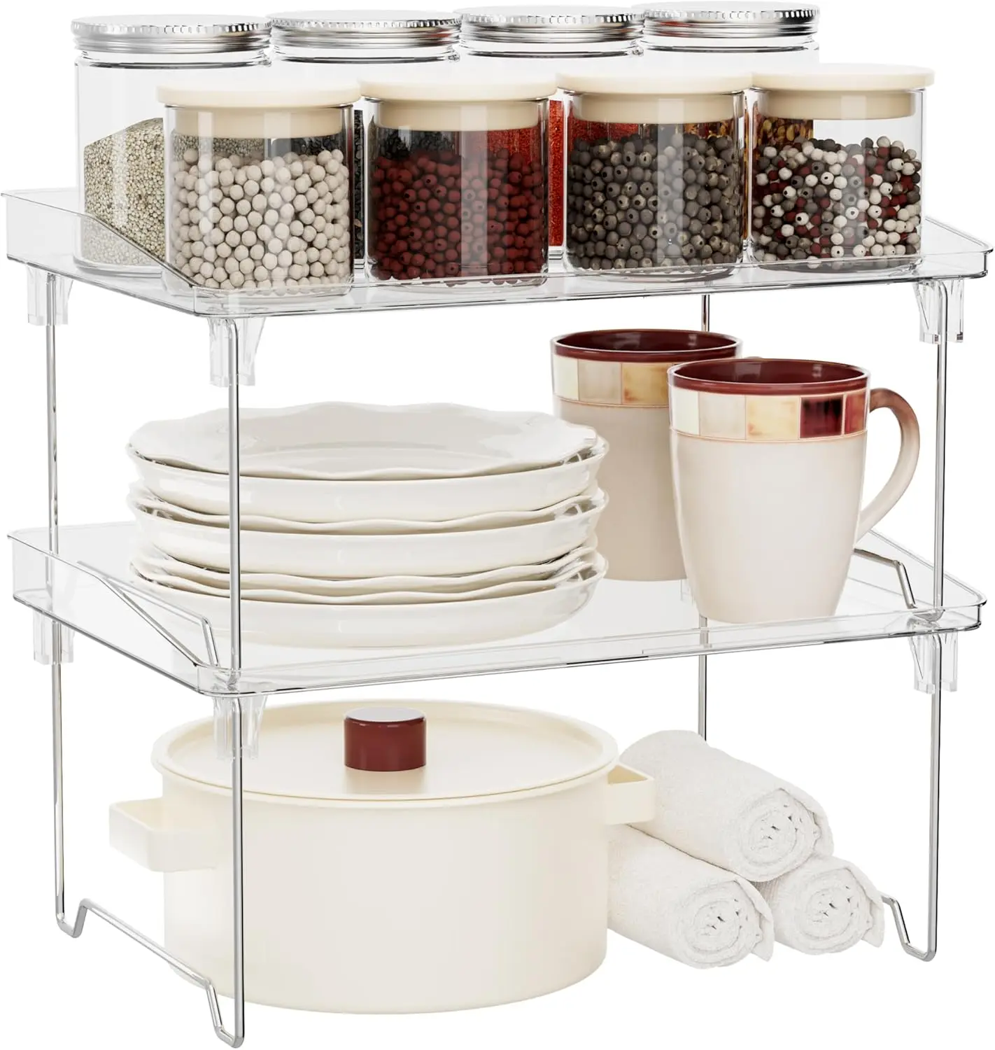 2 Pcs Cabinet Organizer Shelf, Stackable Kitchen Counter Shelves, Spice Rack,Countertop Organizers, Clear Plastic Storage Shelves Rack for Makeup,Bathroom,Cupboard,Desk,Pantry Organization