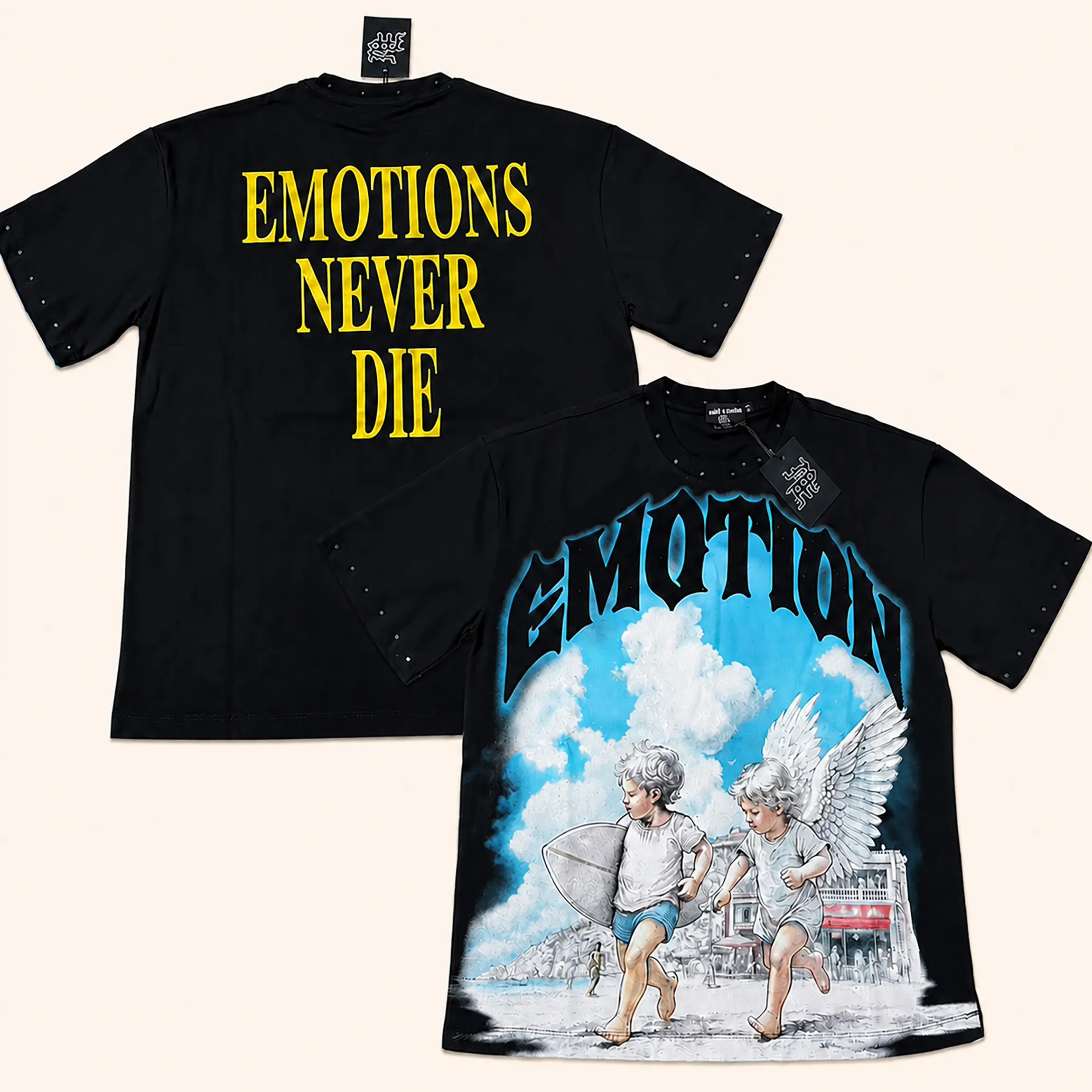 MIXED EMOTION Cherub Angel Rhinestone Graphic T Shirt Heavyweight Cotton Oversized Crew Neck Short Sleeve Y2K Hip Hop Gothic Streetwear Casual Summer Party Festival Outfit Men Women Teens Adults