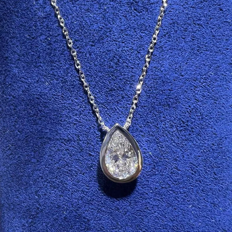 Lab Grown Diamond Pear Pendant Necklace 14K White Gold Bezel Set