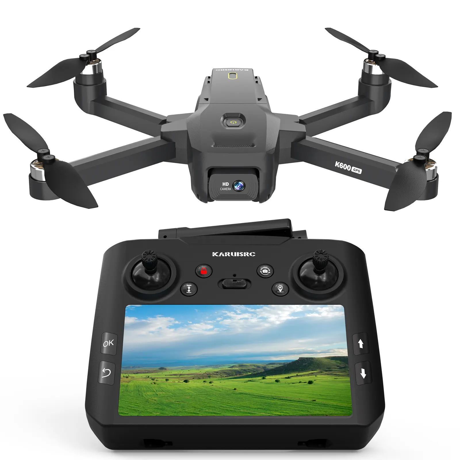 K600 GPS 5G Foldable FPV Drone with 1080P EIS Camera, 4.5" Screen Remote, Brushless Motor, GPS Return, Optical Flow, Follow Orbit, Under 249g Grey Quadcopter
