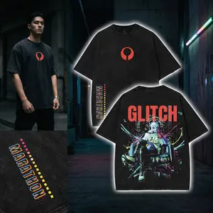 Glitch Marathon Graphic Crewneck T-Shirt, Double-Sided Cyberpunk Game Tee, Hoodie Tank Top Sweatshirt Washed Cotton Unisex Streetwear