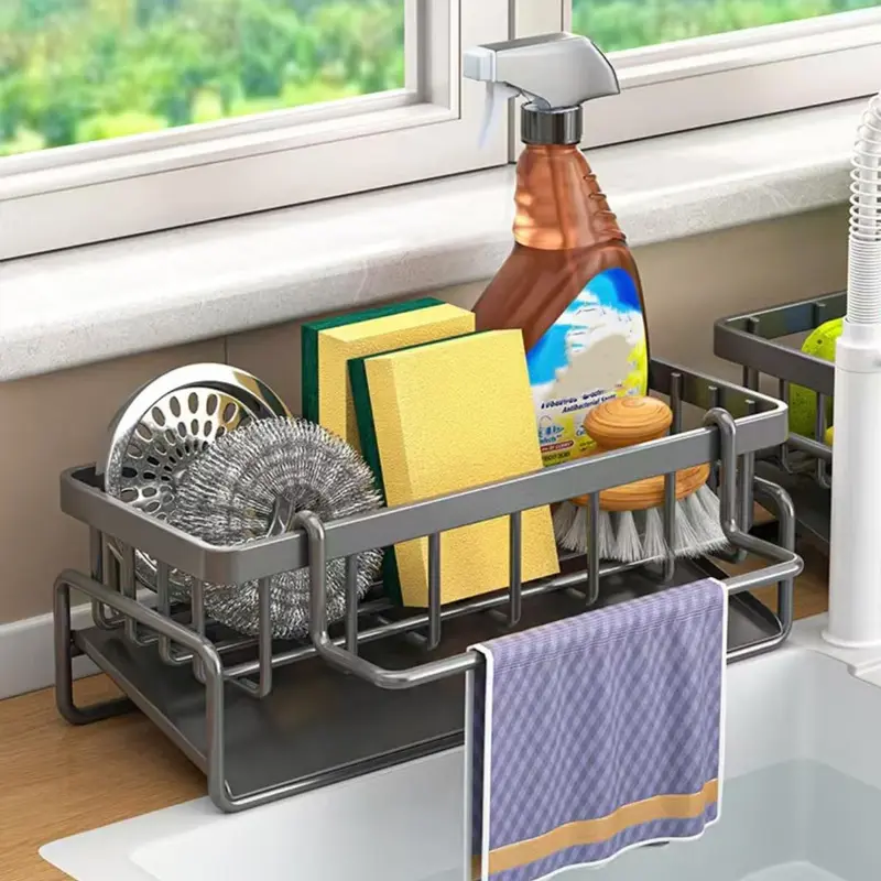 Multifunctional Kitchen Storage Organizer, Sink Drying Rack, Stainless Metal Sponge Drain Holder, Kitchen Accessories Gadgets Hollow