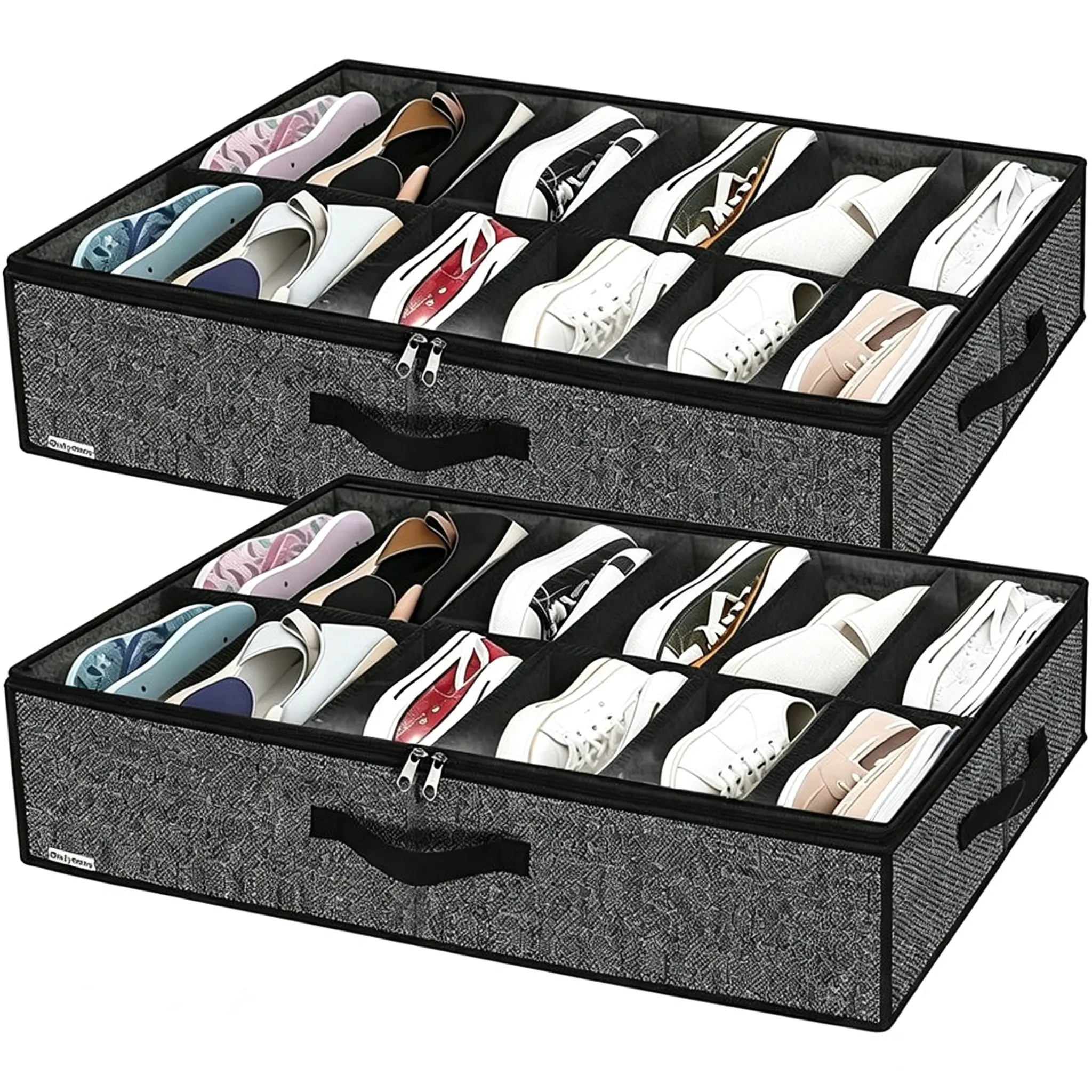 2 Pcs Set Under Bed Shoe Storage Organizer, Foldable Travel Closet Organizer with Clear Window & Sturdy Handles, Holds 12-24 Pairs, 29.3"×23.6"×5.9", Companion for Travel Packing Cubes & Vacuum Bagsheavy-duty durable high-capacity organizer