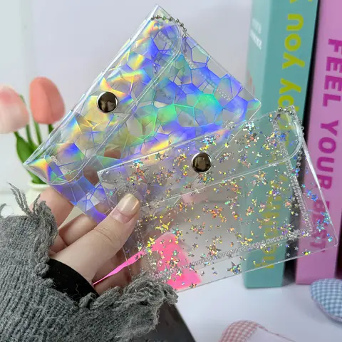 Transparent Holographic Plaid & Glitter Star Bag Card Holder Pendant with Ball Chain Keychain, Card Organizer Protector, Clear Id Badge Holder, Badge Accessories, PVC Laser Jelly ID Card Holder, Wallet Accessory, Id Holders for Badges