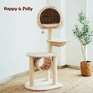 51.2in Rustic Rattan Bulrush Cat Tree with Multi-level Platforms, Soft Cushions & Hand-woven Nest Cat Bed from Happy & Polly Scratching Posts Scratcher Board