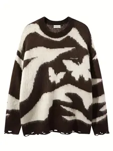 Men's Butterfly Pattern Ripped Design Round Neck Sweater, Loose Casual Comfy Long Sleeve Crew Neck Jumper for Fall & Winter, Fashion Men's Knitwear for Daily Wear, Menswear, Casual Comfy Pullover