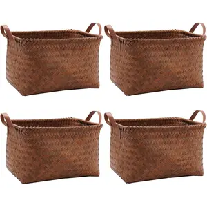 Large Wicker Storage Baskets for Shelves, Woven Laundry Basket for Organizing Blankets & Clothes, Decorative Rectangular Closet Organizers and Storage Bins with Handles, Brown, 4 Pack