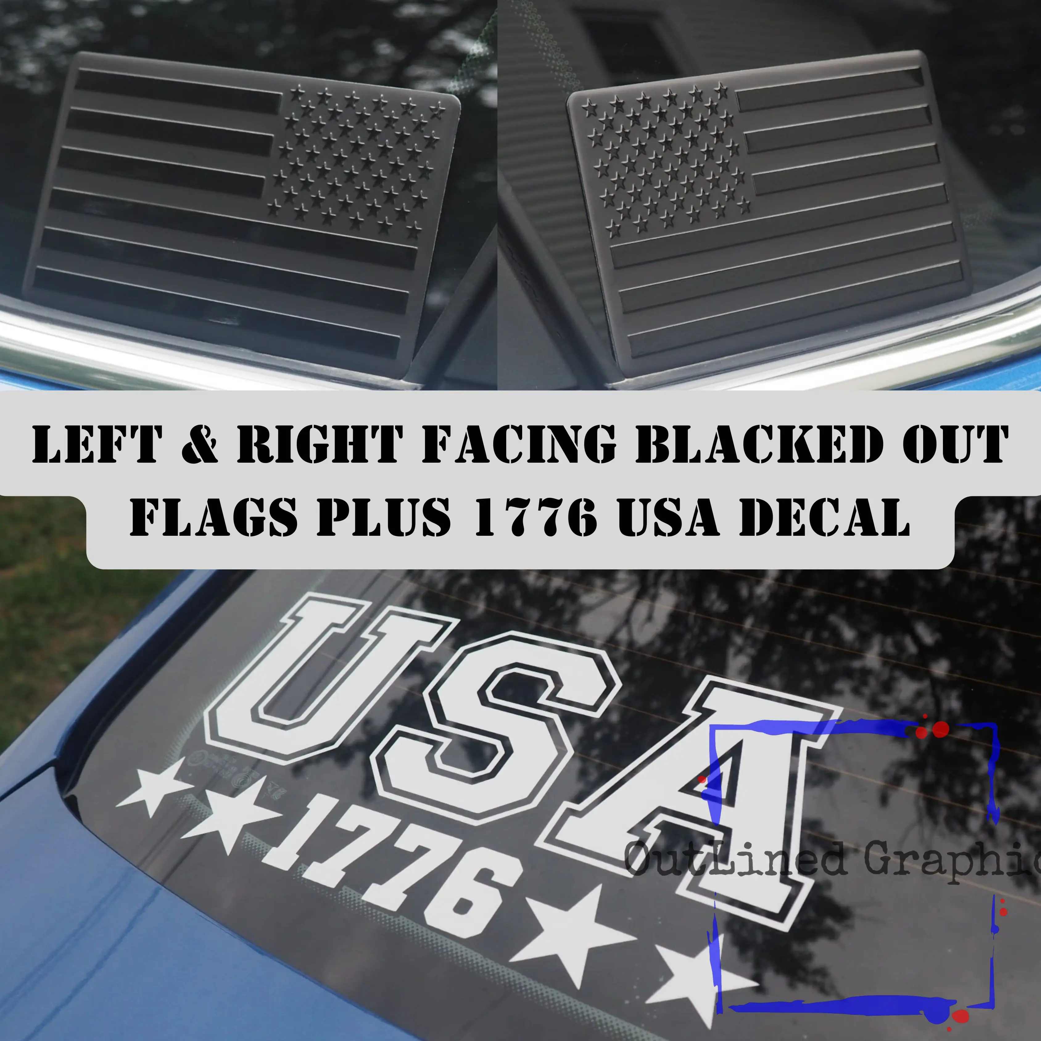 Left & Right Facing Blacked Out American Flag Set with 1776 USA Decal Two Size Options - Flag Emblems for Trucks - Matte Black - Matte White - Decals For Trucks - Ford Emblem - Chevy Emblem - Dodge Emblem