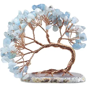 Natural Aquamarine Crystal Money Tree Agate Slice Base Feng Shui Bonsai Crystal Tree for Wealth Luck Desk Decor, 3-4 Inch High