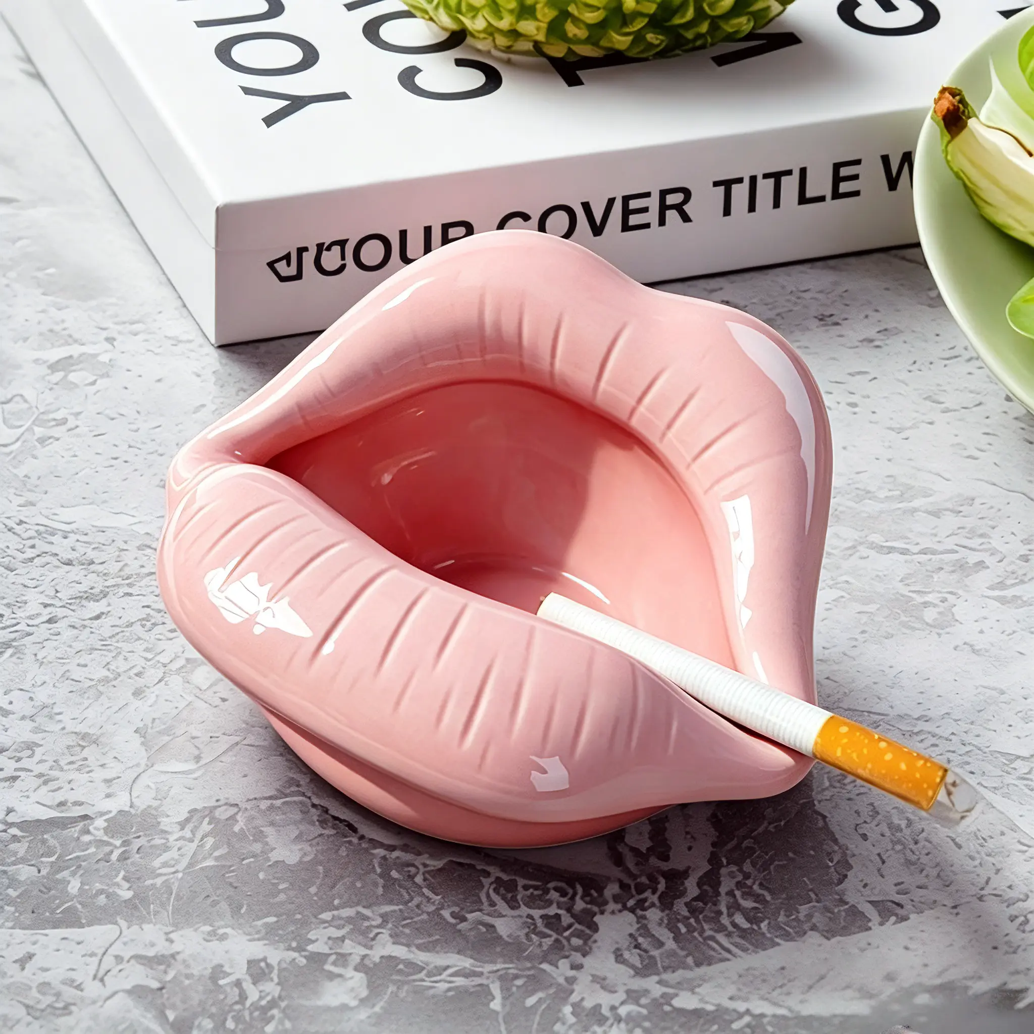 Multifunctional Cute Ceramic Lip Ashtray - Novelty Lipstick Organizer Jewelry Tray Trinket Dish - Creative Desk Ornament for Office & Home Decor - Unique Adorable Birthday & Christmas Gift Idea for Smokers / Her / Mom / Wife / Girlfriend