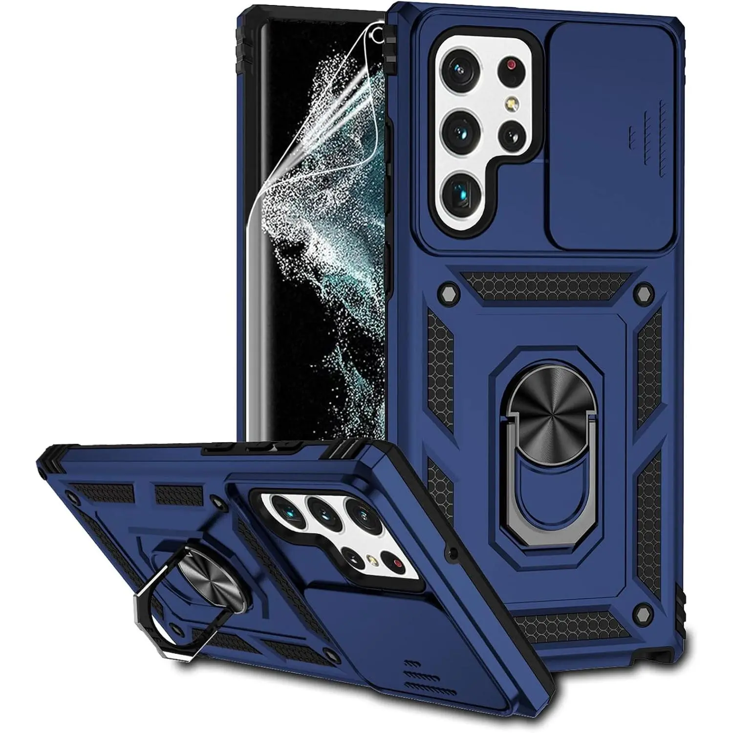 for Samsung Galaxy S22 Ultra Case with Camera Lens Cover HD Screen Protector,Military-Grade Drop Tested Magnetic Ring Holder Kickstand Protective Phone Case for Samsung Galaxy S22 Ultra 5G (Navy Blue)