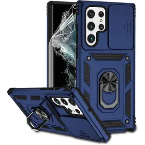 for Samsung Galaxy S22 Ultra Case with Camera Lens Cover HD Screen Protector,Military-Grade Drop Tested Magnetic Ring Holder Kickstand Protective Phone Case for Samsung Galaxy S22 Ultra 5G (Navy Blue)