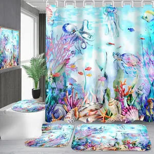 4-Piece Blue Ocean Seaworld Shower Curtain Set Marine Life Bathroom Set with Shower Curtain and Rugs, Octopus Turtle Coral Seagrass Seaworld Bath Curtain with Hooks for Home Decor Pretyw