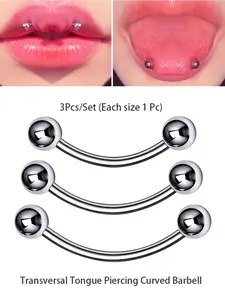 Dark Light 3pcs/set Stainless Steel Tongue Piercing, Tongue Ring, Curved Barbells, Hip Hop Punk Style, No Plating, for Daily & Party Occasions, Piercing Jewelry, Body Jewelry