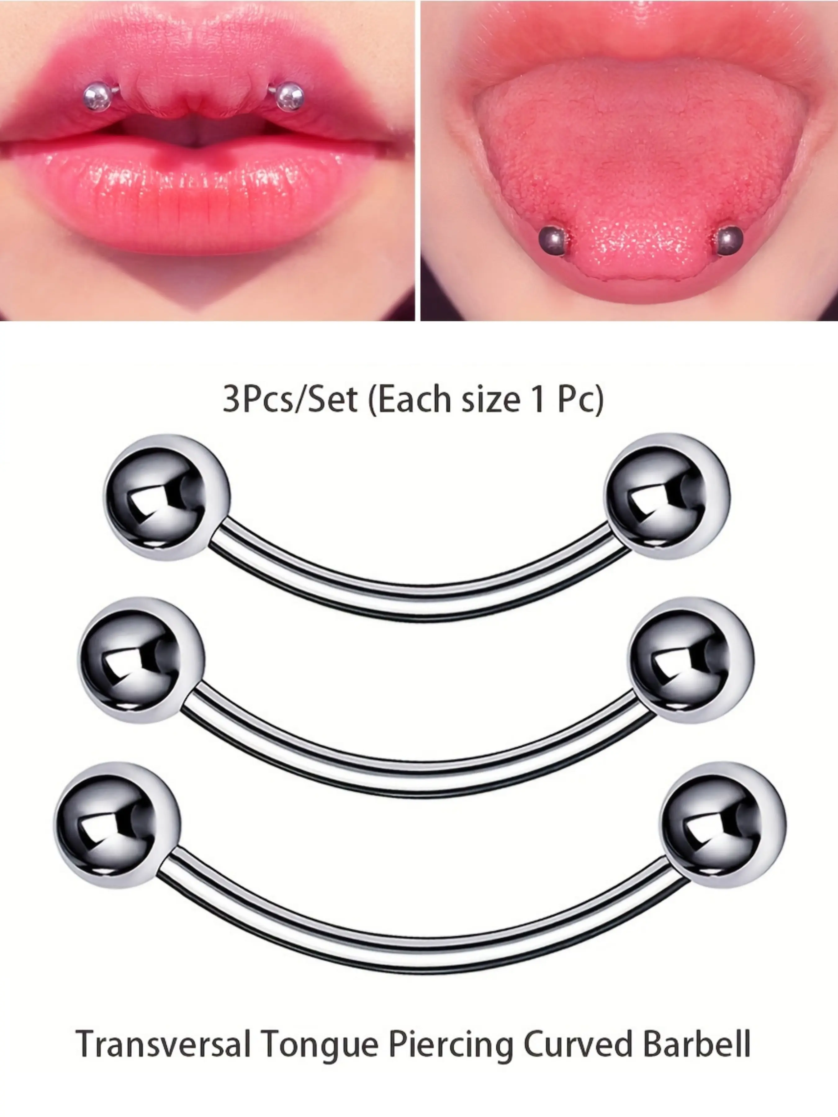 Dark Light 3pcs/set Stainless Steel Tongue Piercing, Tongue Ring, Curved Barbells, Hip Hop Punk Style, No Plating, for Daily & Party Occasions, Piercing Jewelry, Body Piercings, Body Jewelry