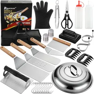 Romanticist Professional Grade Griddle Accessories Kit - 30PCS Stainless Steel Flat Top Grill Tools with Spatulas Tongs & Gloves for Perfect Cooking Kitchen Gadgets Barbecue Utensils,scraper for Outdoor BBQ Kitchenware Wooden