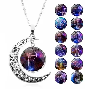 12 Constellations Time Gem Necklaces, Unisex Jewelry, Silver Moon Pendant, Couple's Birthday Gift chain  necklace  collar
