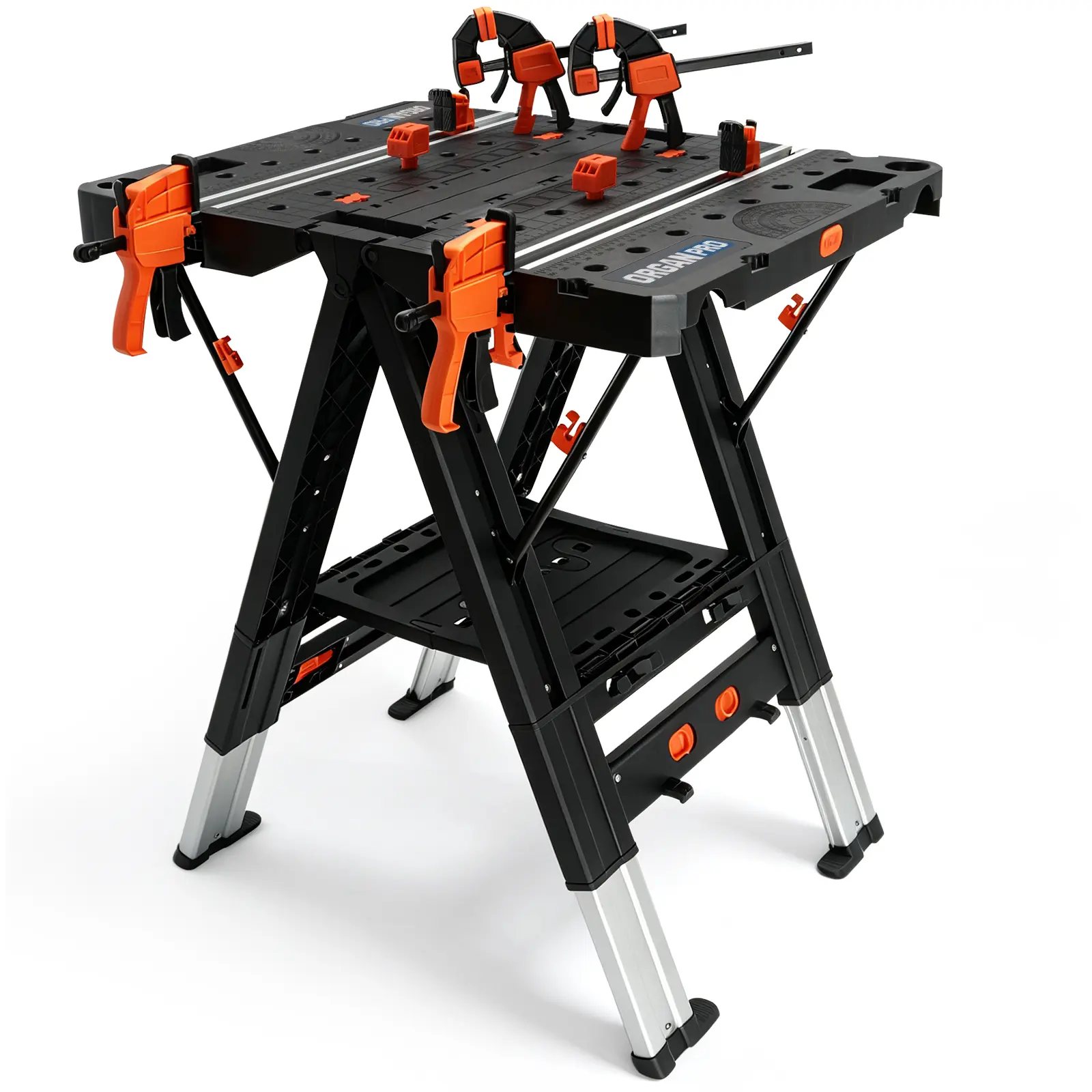 ORGANPRO Portable Folding Work Table - 2-in-1 Sawhorse & Workbench with Reinforced Legs, Max 35.6" Abs Body, Waterproof Surface, High Load Capacity, Clamps Set, Connecting Blocks, Limit Blocks for Wood Surfaces