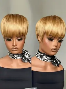 Short Bob Pixie Cut Wig with Bangs, Human Hair Blonde/, Machine-Made Straight Hair Wig, Stylish & Versatile Daily Wear, Natural Looking Wig