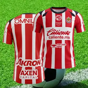 Chivas25/26 Jersey for Fans - Red and White Striped Soccer Shirt with Caliente and Mercado Pago Logos