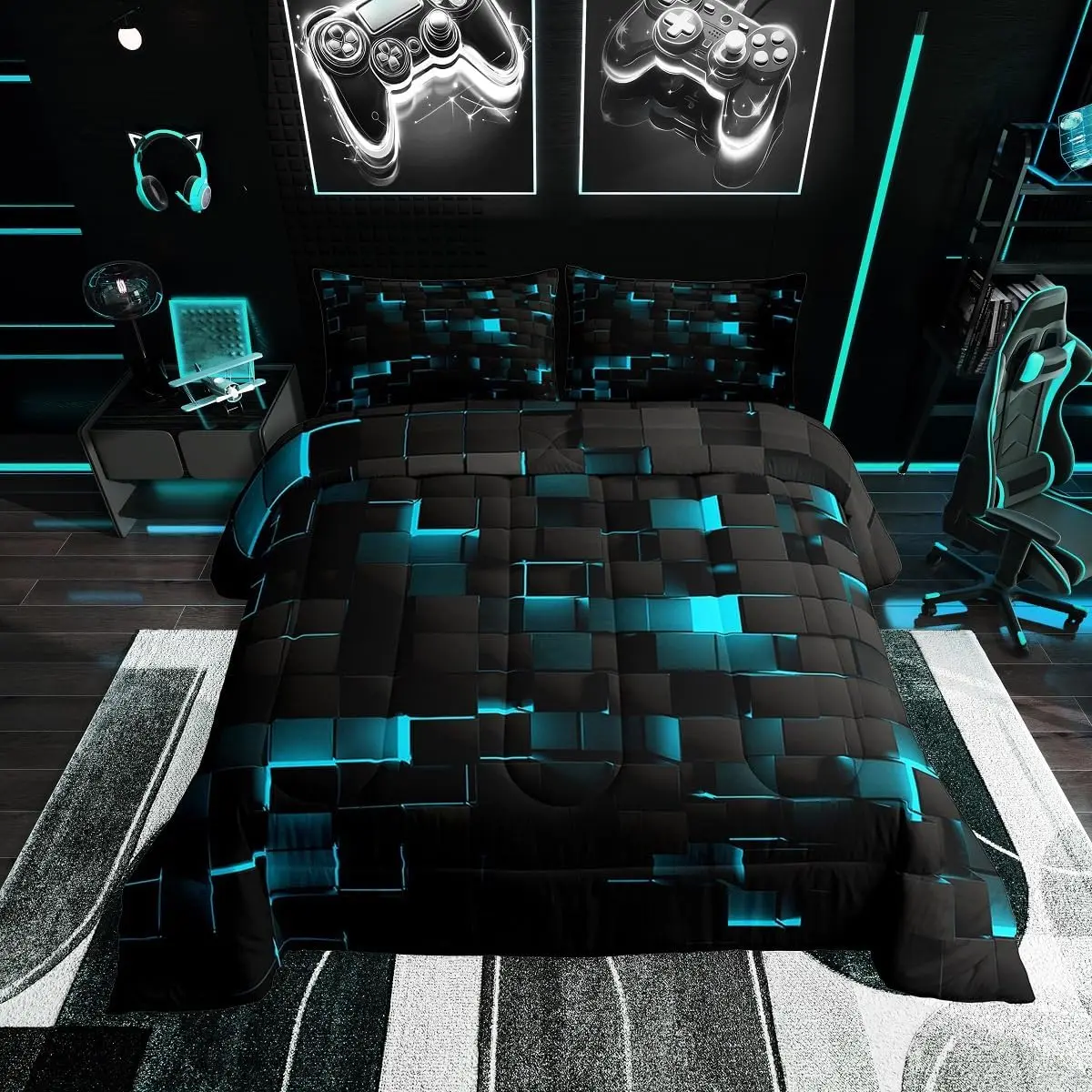 Feelyou Queen Size Duvet Set - Lightweight Breathable Microfiber Comfy Bedding, Black Teal Square Plaid, Neon Turquoise Abstract 3D Grid for Boys' Bedroom Decor (3D Duvets & Sets)