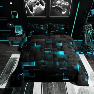 Black Teal Comforter Set,Neon Turquoise Geometric Checkered Bedding Set for Boys,Abstract Stereoscopic Grids Square Plaid Bed Set