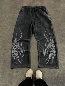Men's Casual Sporty Long Pants, Totem Pattern Print, Drawstring Wide Leg, Loose-Fitting, All Seasons, Graphic Letter Style, Casual Streetwear Trousers