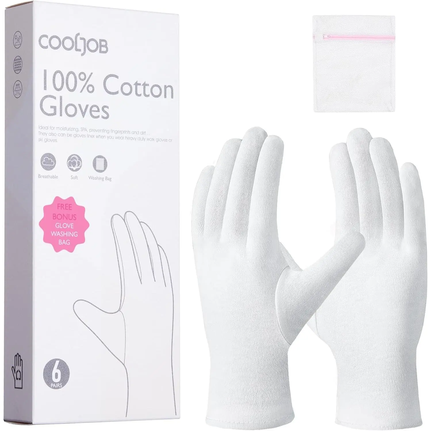 Unisex 100% Pure Cotton Gloves - 6 Pairs White Full Hand Moisture Lock Gloves, Elastic Fit Multi-Size, Breathable Comfortable for Night Lotion Application, Sleeping (Indoor Recreation Spa Care for Dry Hands Eczema Relief), Stretchable, Thumb Stitching