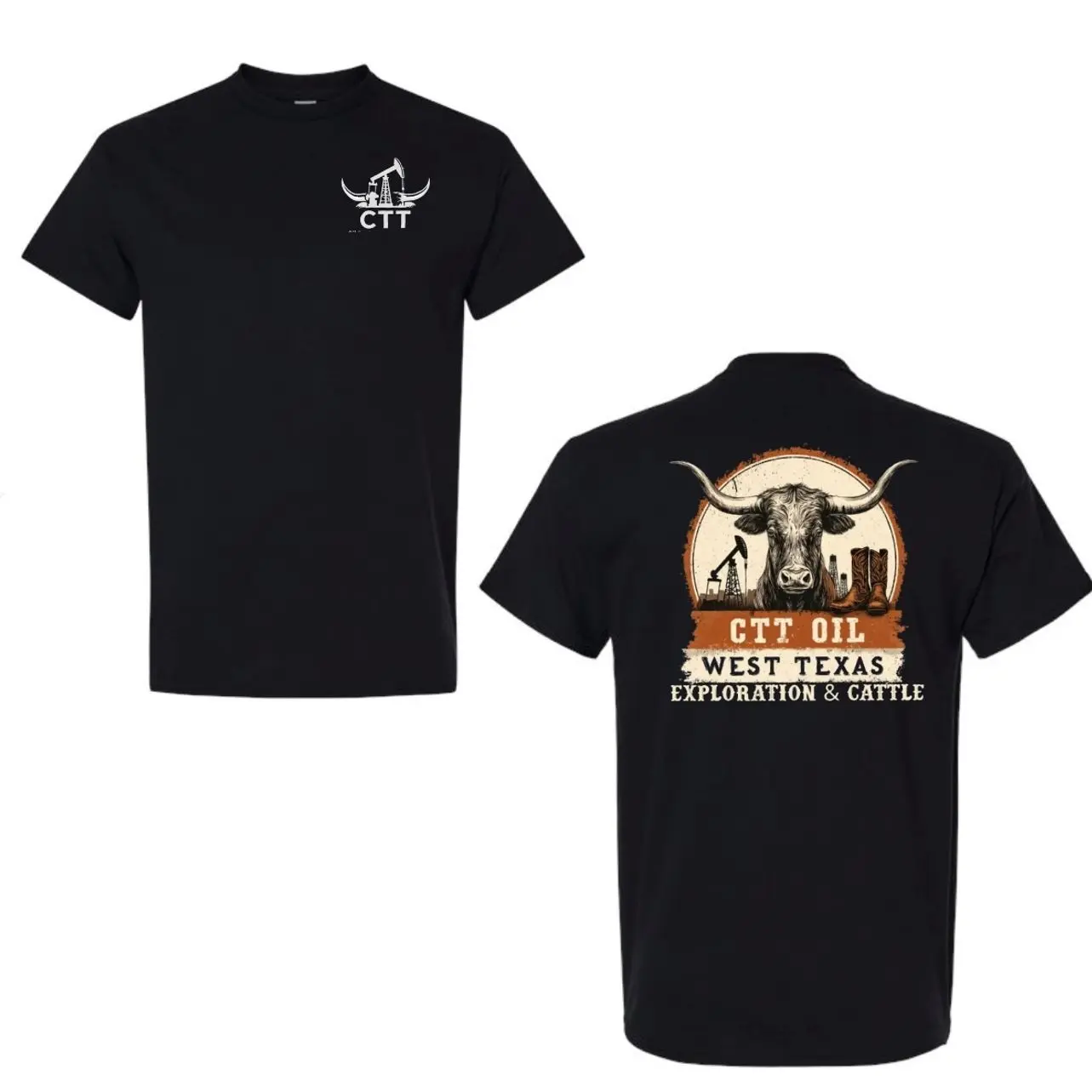 Men's Cotton Round Neck Fitted Cut Casual Short-Sleeve T-Shirt - CTT Oil Exploration & Cattle West Texas V2 Graphic/Digital Print Streetwear, Lanmand Oilfield Ranch Summer Top, Graphic Print, Do Not Dry Clean