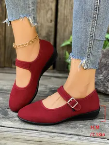 Women's Ballet Flats with Adjustable Elastic Band, Fashionable Flats, Comfortable Round Toe Mary Jane Shoes, Casual Textile Rubber Sole Footwear