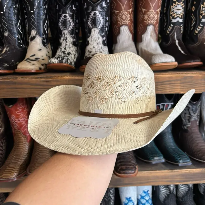 Minnick Men's Cowboy Straw Hat with Diamond Pattern 4 1/4 Brim Size Classic Design for Versatile Occasions