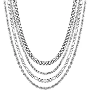 Milacolato 4PCS Unisex Stainless Steel Chain & Link Necklaces - Cuban, Rope, Figaro, Box Styles - Beach-Ready Long Fashion Costume Jewelry Accessories