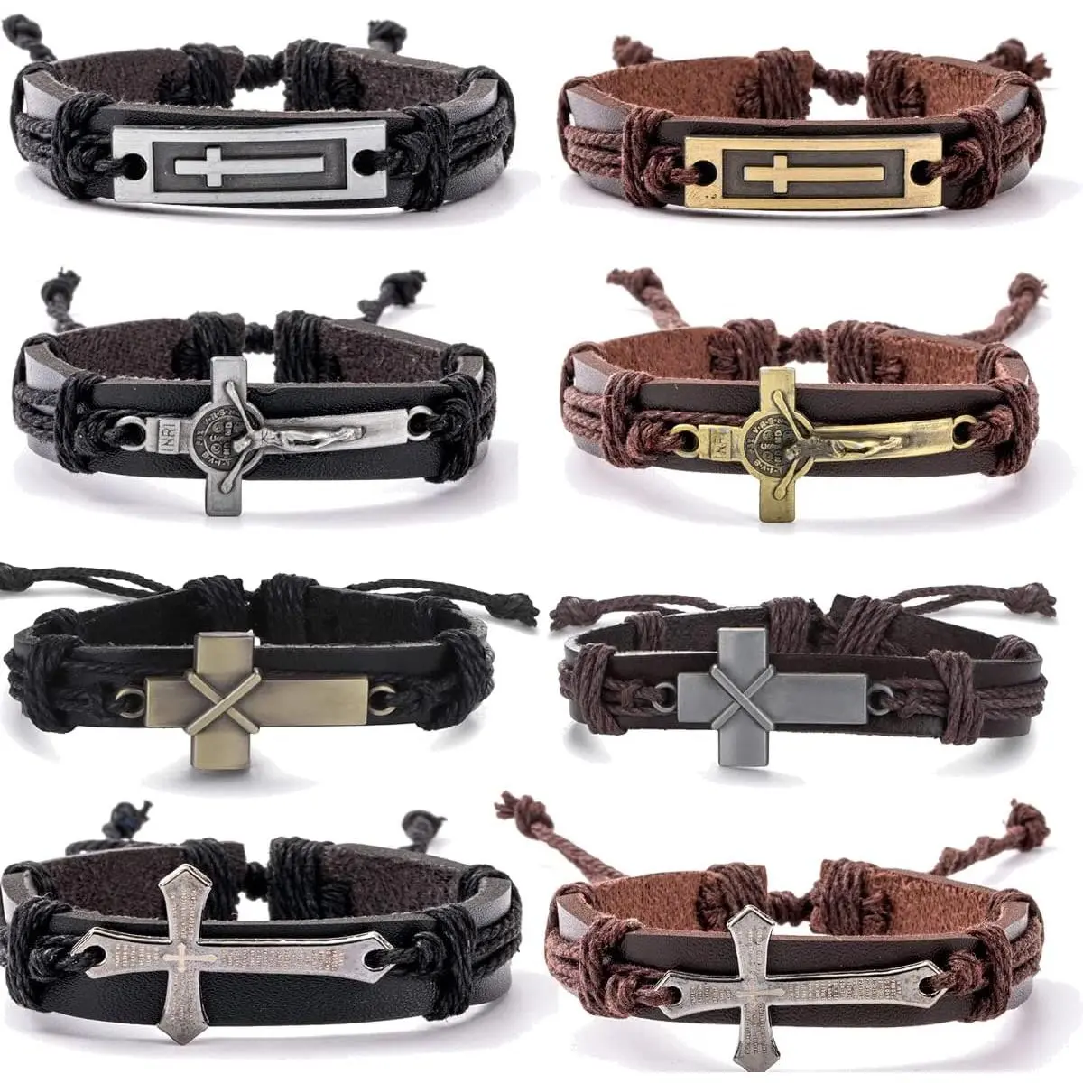 8PCS Cross Bracelets for Men, Adjustable Braided PU Leather Christian Bracelet Set, Black Brown Vintage Faith Wristbands, Stackable Cross Jewelry