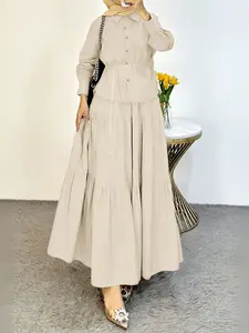 Women's Solid Color Set, Button Front Long Sleeve Blouse + High Waist Layered Skirt, Casual Loose Fit, All Seasons, Two Piece Set Women