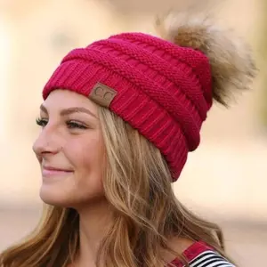 C.C® Trending Cable-Knit Tan Pom Beanie - Unisex Soft Acrylic Winter Hat, One Size