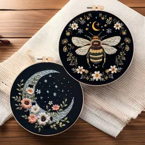 DIY Embroidery Kit with Embroidery Designs, Golden Butterfly-Silver Moon Series Needlework Materials Set, English Stitch Guide, Beginner-Friendly Handmade Craft Fashion Accessory Set