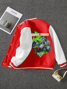 Kids Racing Kart Varsity Bomber Jacket, Sporty Cartoon Graphic Streetwear Outerwear, Lightweight Seasonal Jacket For Youth