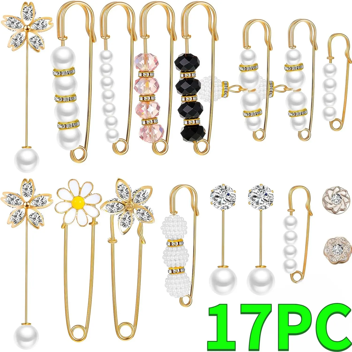 Women's 17PCS Faux Pearl Rhinestone Brooch Pins - Strong Alloy, Non Tarnish Jewelry, Fashion Accessory with Rhinestone Sparkle for Casual Clothing, Dresses - Home Improvement Building Supplies