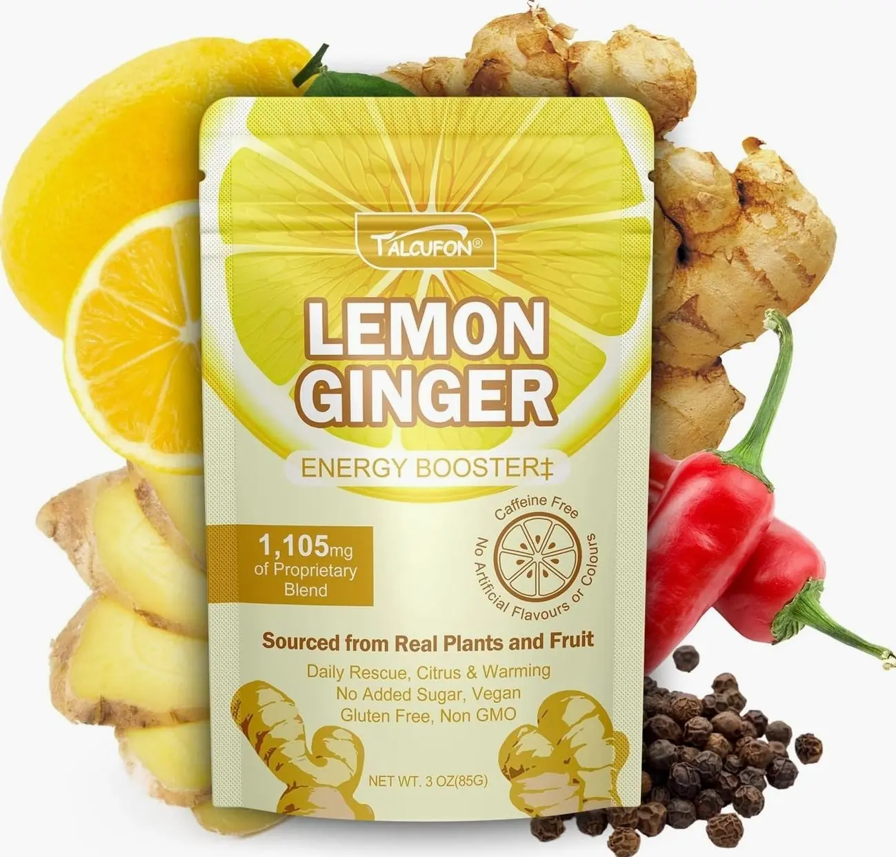 Talcufon Lemon Ginger Blend Superfood Powder with MCT Oil, Turmeric, Ginger, Ture Lemon Powder, Acacia Fiber Powder, Cayenne Powder, Black Pepper Powder All Natural, Caffeine-Free 3Oz (85G)