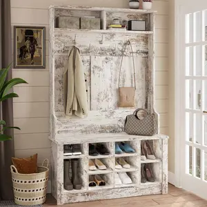Sikaic Hall Tree with Storage 3-in-1 Entryway Bench Vintage White Luxury Bedroom Furniture Interior Wood Organizer Marble Shoe Cabinet