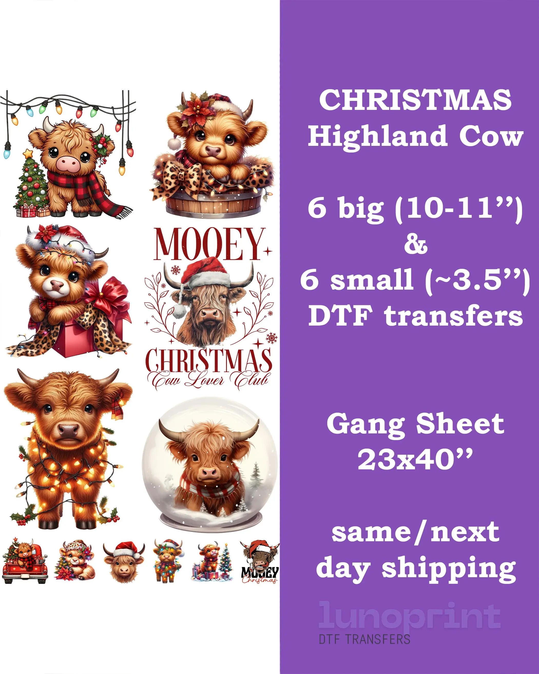 Christmas Highland Cow DTF Transfers Gang Sheet