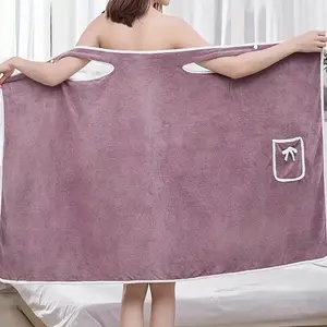Wearable Women Bath Towel Wrap Coral Fleece Bathrobes,Highly Absorbent Off Shoulder Bath Skirt Ladies Sleeveless Dress Beach Coral Fleece Towelling Bath Robe,Spa Sauna, Cute Pocket Design,80 x 135 cm