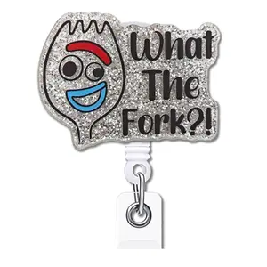 Funny Fork Retractable Badge Reel with Alligator Clip What The Fork ID Card Badge Holder Funny Silver Glitter Badge Reel Gift for Office Worker Nurse Doctor Teacher Coworker Medical Staff