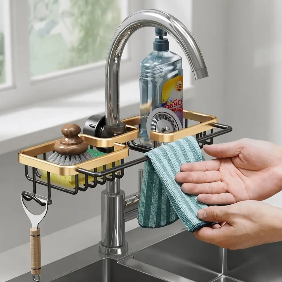 VIREFIRA Black Gold Kitchen Faucet Sponge Holder Sink Organizer, Durable Multifunctional Home Supplies with Elegant Modern Design - Space-Saving Sink Caddy with Dishcloth Rack