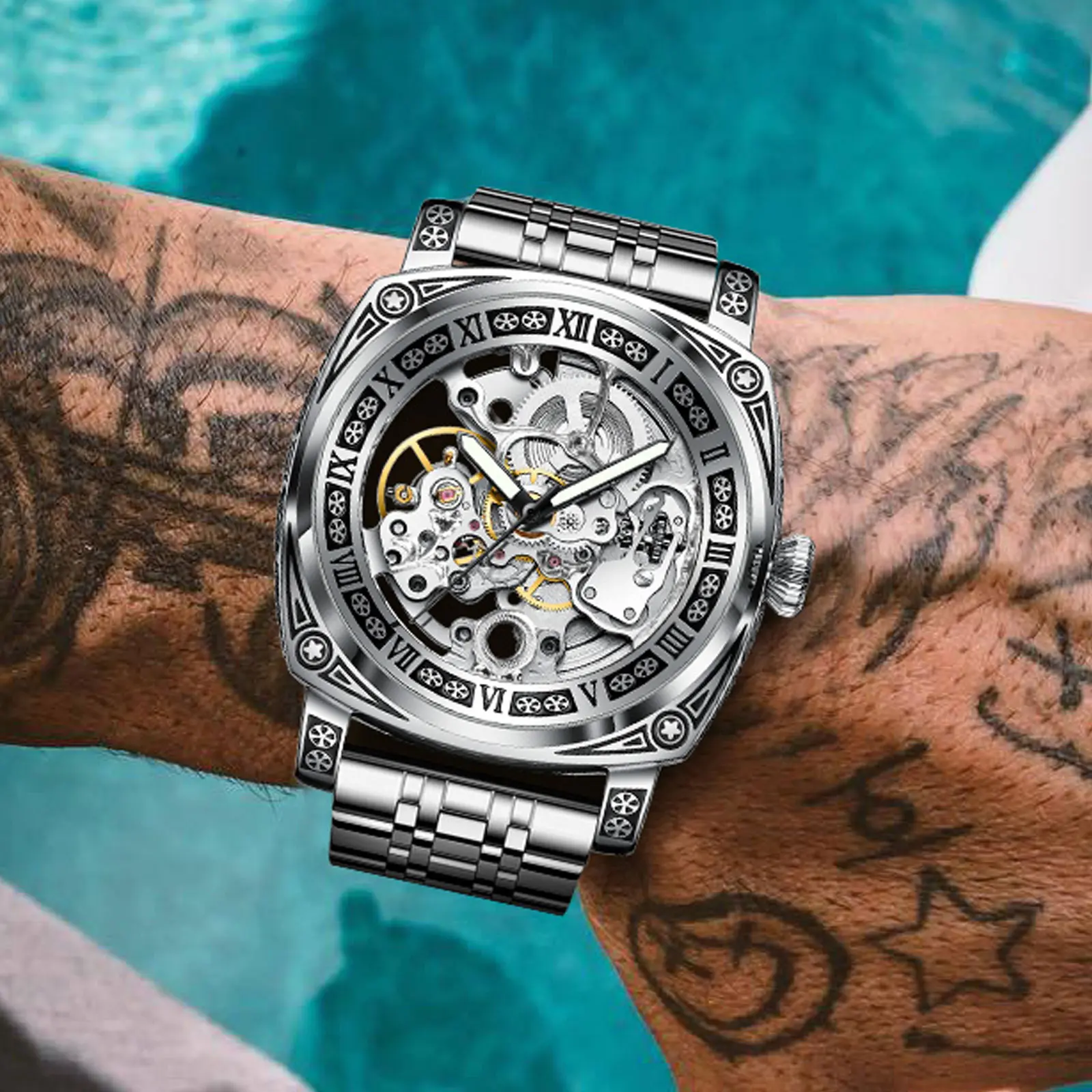 Luxury Skeleton Watch with Roman Numerals and Stainless Steel Band for Men