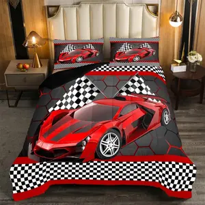 Race Car Designer Comforter Set,Black White Checkered Flag Print Comforter,Extreme Sports Luxury Bedding Set,Speed Sports Car Red Duvet Set,